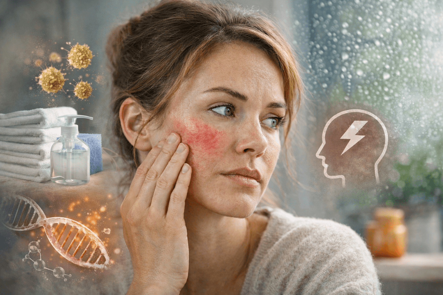 Unpredictable skin flare-ups showing facial redness and irritation, with realistic triggers such as stress, pollen, weather changes and skincare products affecting sensitive skin.